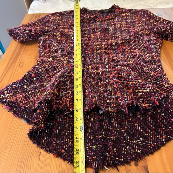 Zara Boucle High Low Peplum Top Short Sleeve Purple Multicolor Raw Edge Fringe S - Picture 12 of 13